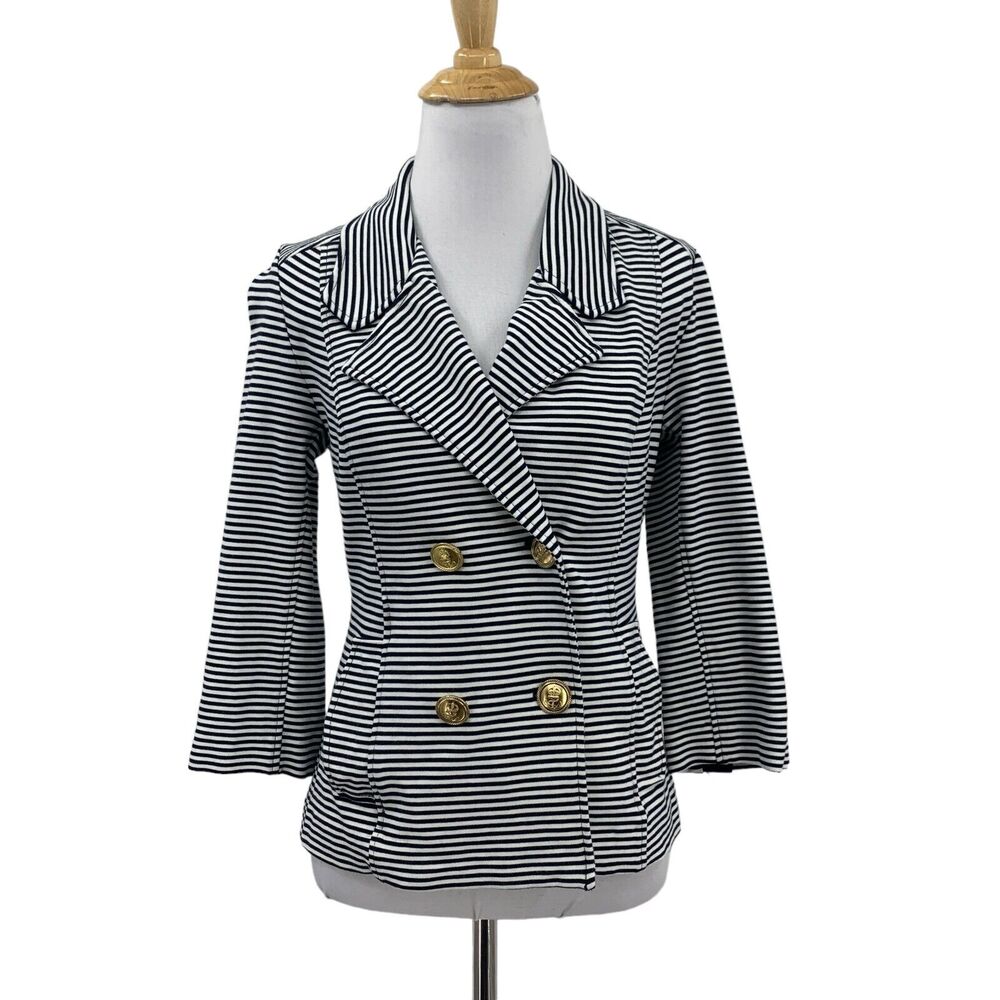 Cabi Blazer Womens XS Navy White Nautical Stripe Ponte 3/4 Sleeves Life Jacket